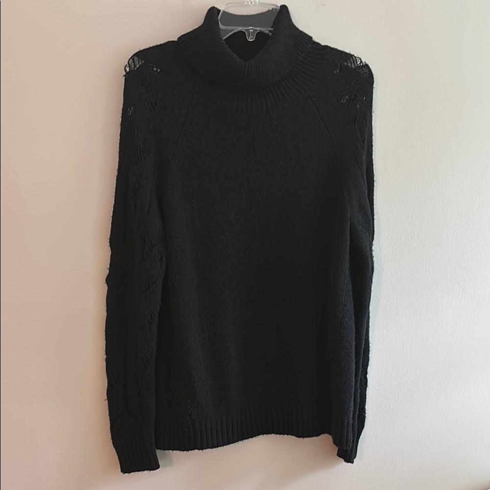 Vince merino wool camel hair blend sweater w open weave sleeves and turtleneck
